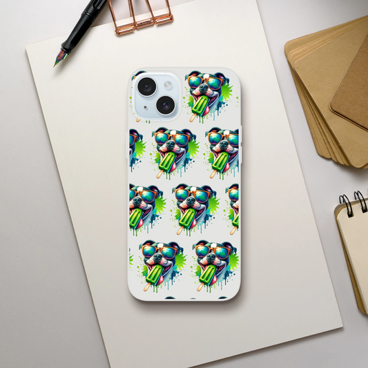 Chill Dog slim protective iPhone case for iPhone 13-16 with repeating sunglasses-wearing dogs and popsicles design
