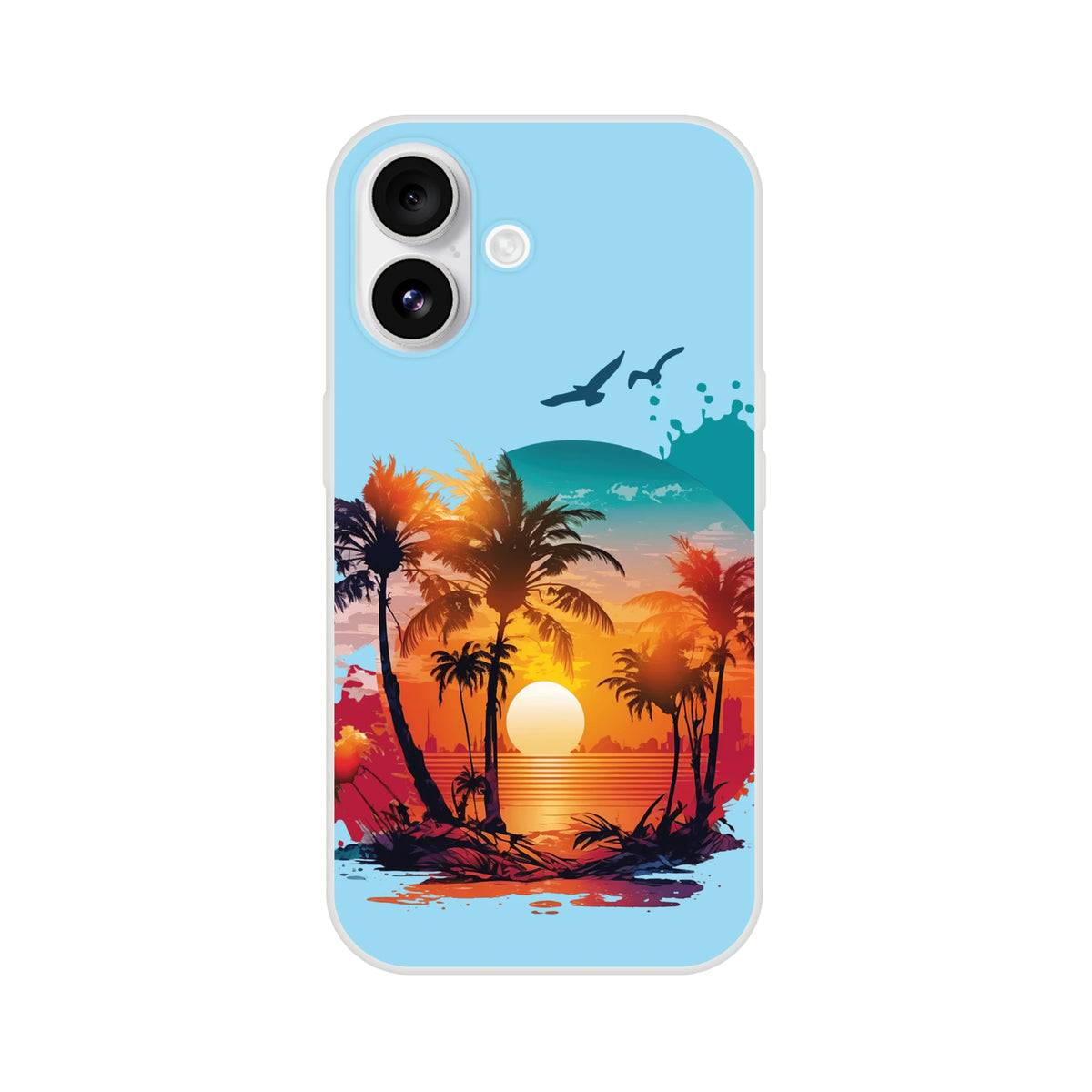 Cute Sunset iPhone Case (13-16), Y2K aesthetic with tropical sunset and palm trees.