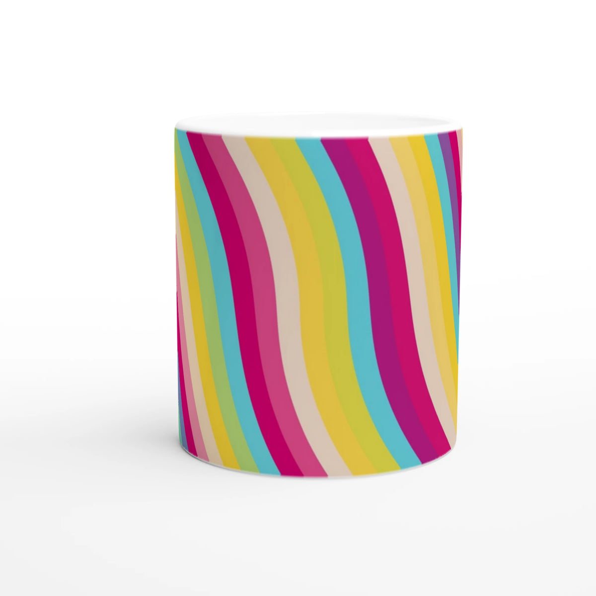 Retro rainbow stripe ceramic mug with diagonal multicolor pattern, a bright, playful coffee cup.