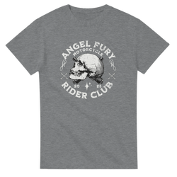 Gray Angels Fury Motorcycle Rider Club graphic tee featuring a biker skull and spark plug design for men.
