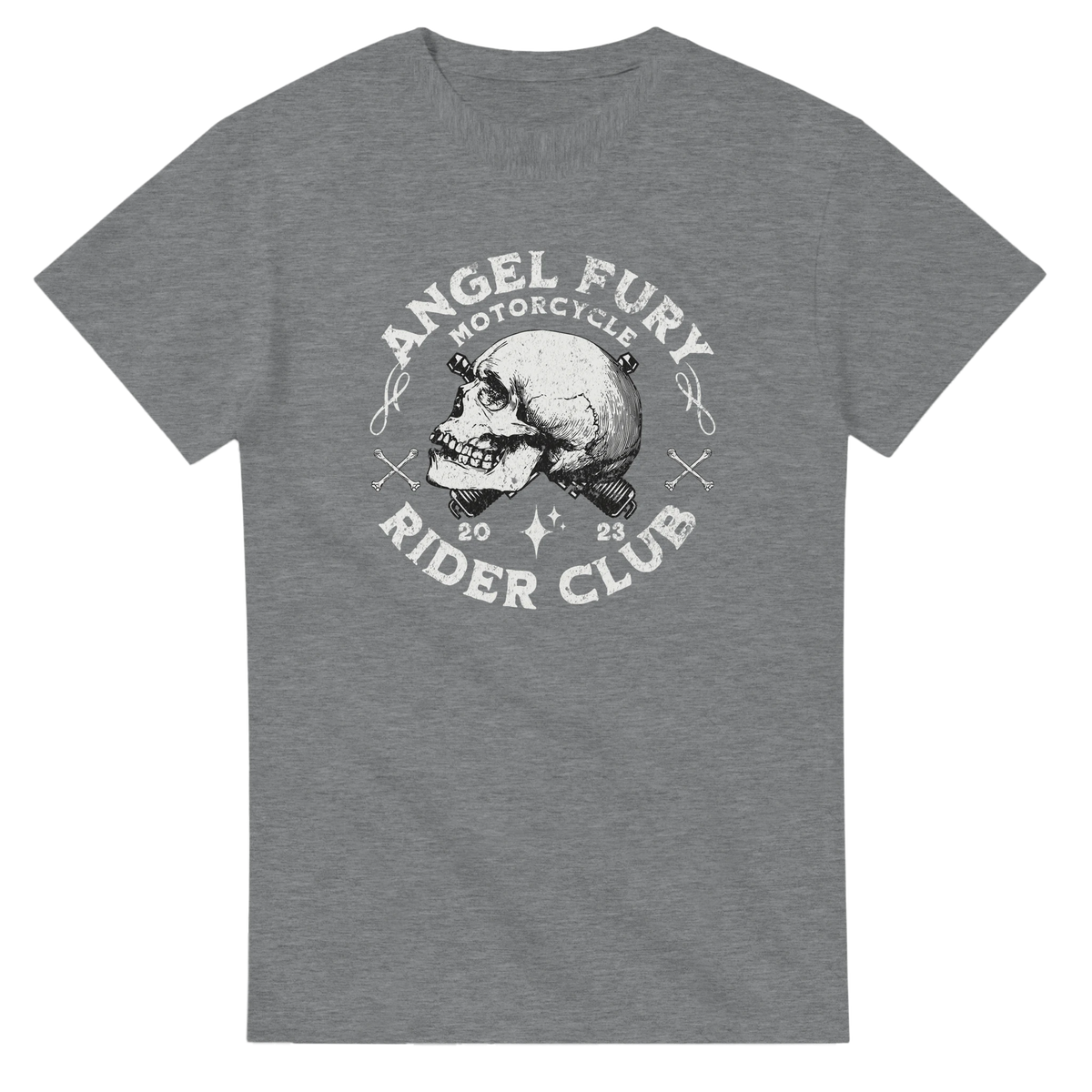 Gray Angels Fury Motorcycle Rider Club graphic tee featuring a biker skull and spark plug design for men.