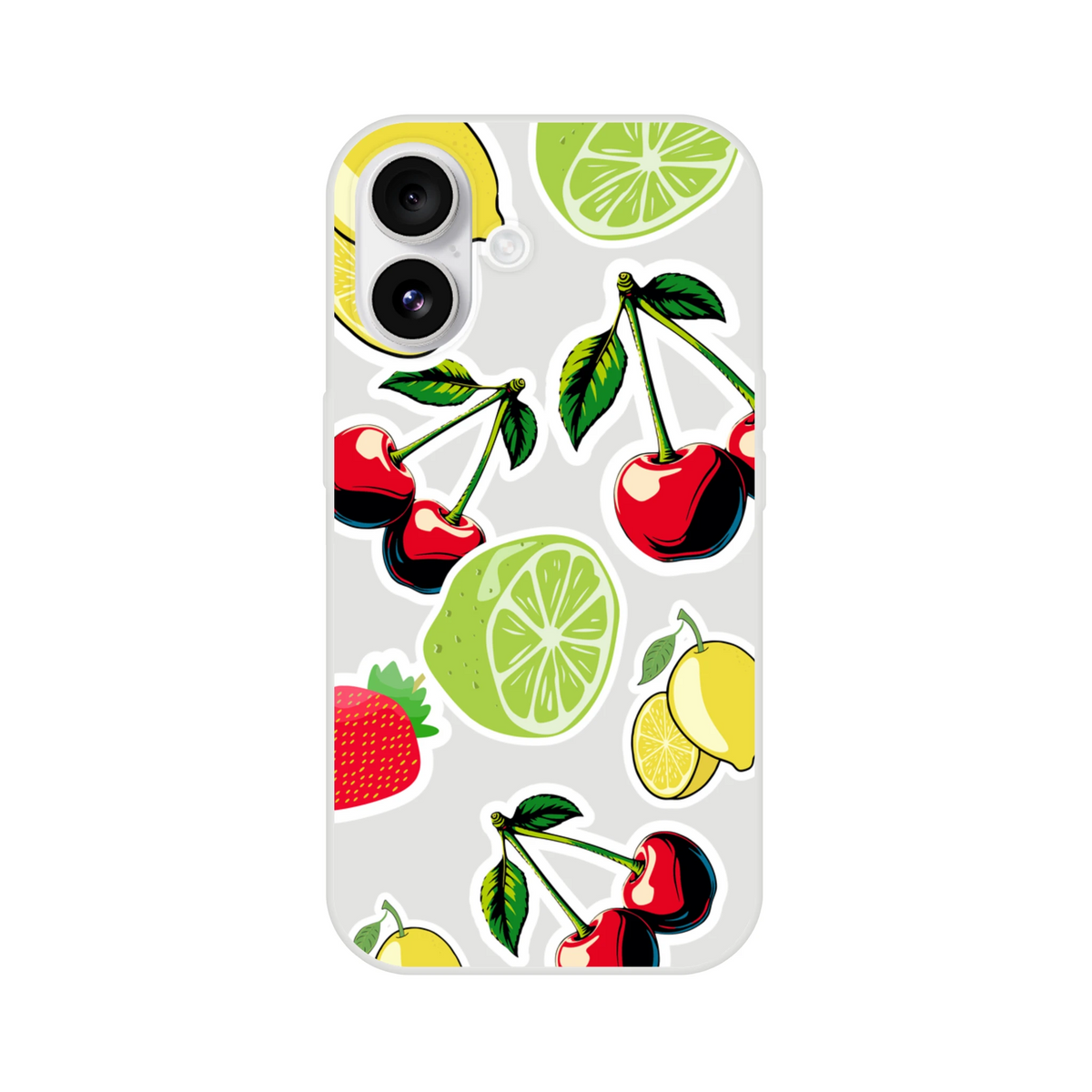 Transparent phone case with sticker-style cherry, lime, lemon, and strawberry fruit graphics.