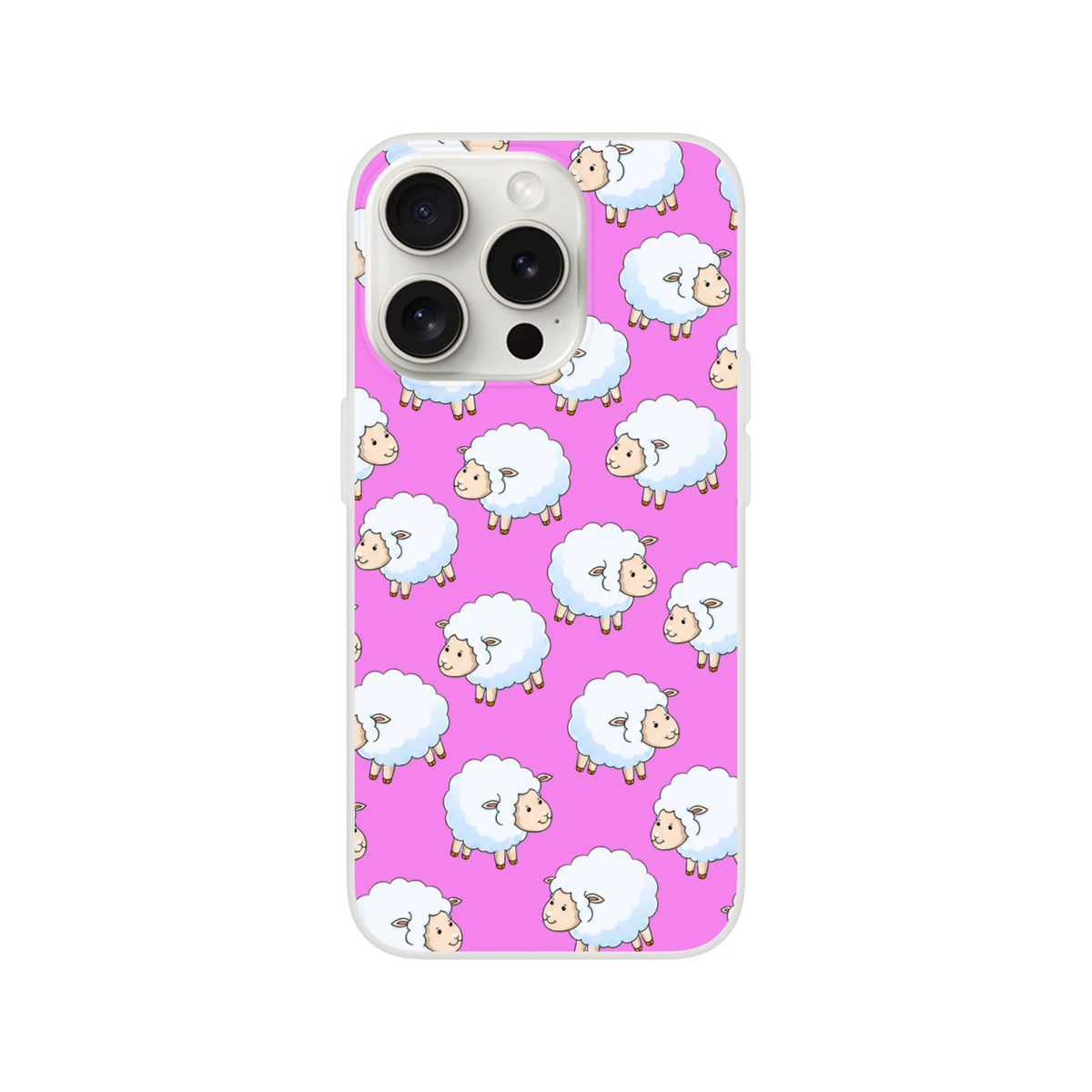 Pink kawaii sheep pattern iPhone case (13-16), slim matte cover with cheerful farm animal design