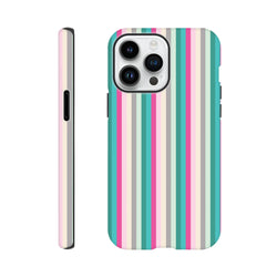 Retro pink and aqua vertical stripe tough iPhone case with city aesthetic and durable protection for daily carry.
