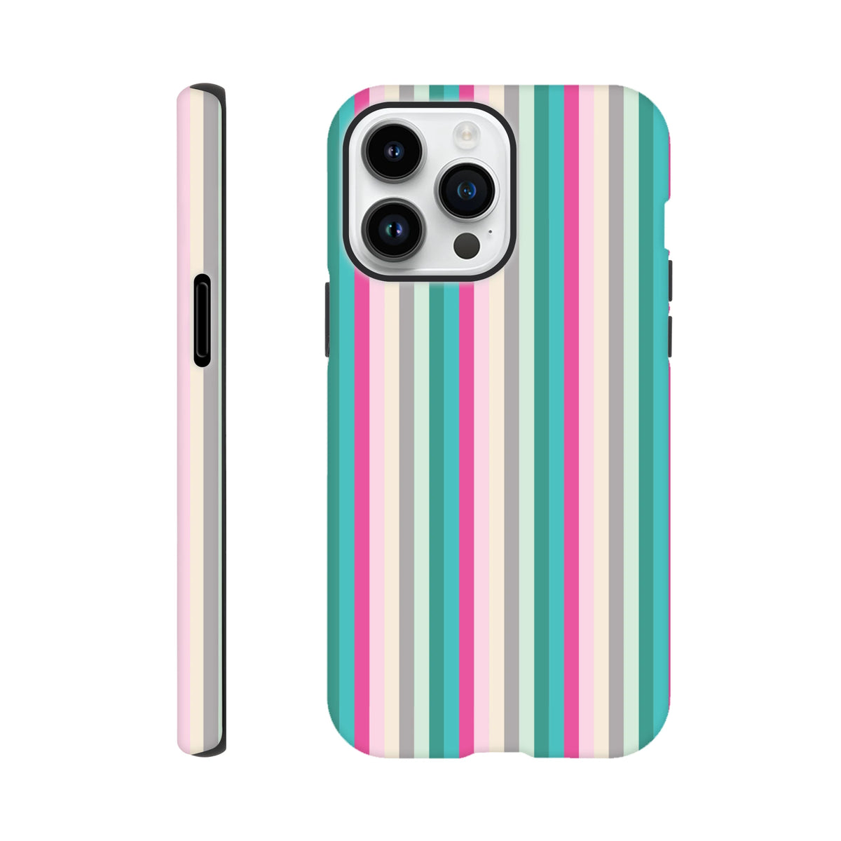 Retro pink and aqua vertical stripe tough iPhone case with city aesthetic and durable protection for daily carry.