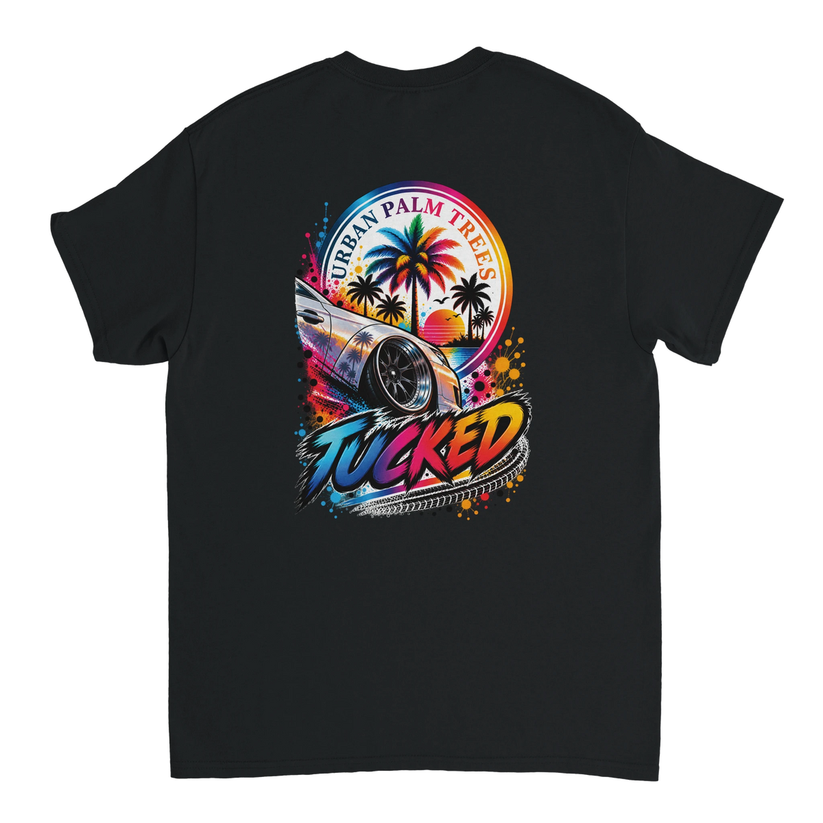Back of black T-shirt featuring a colorful "Tucked" graphic with a lowered car, Urban Palm Trees text, and sunset art.