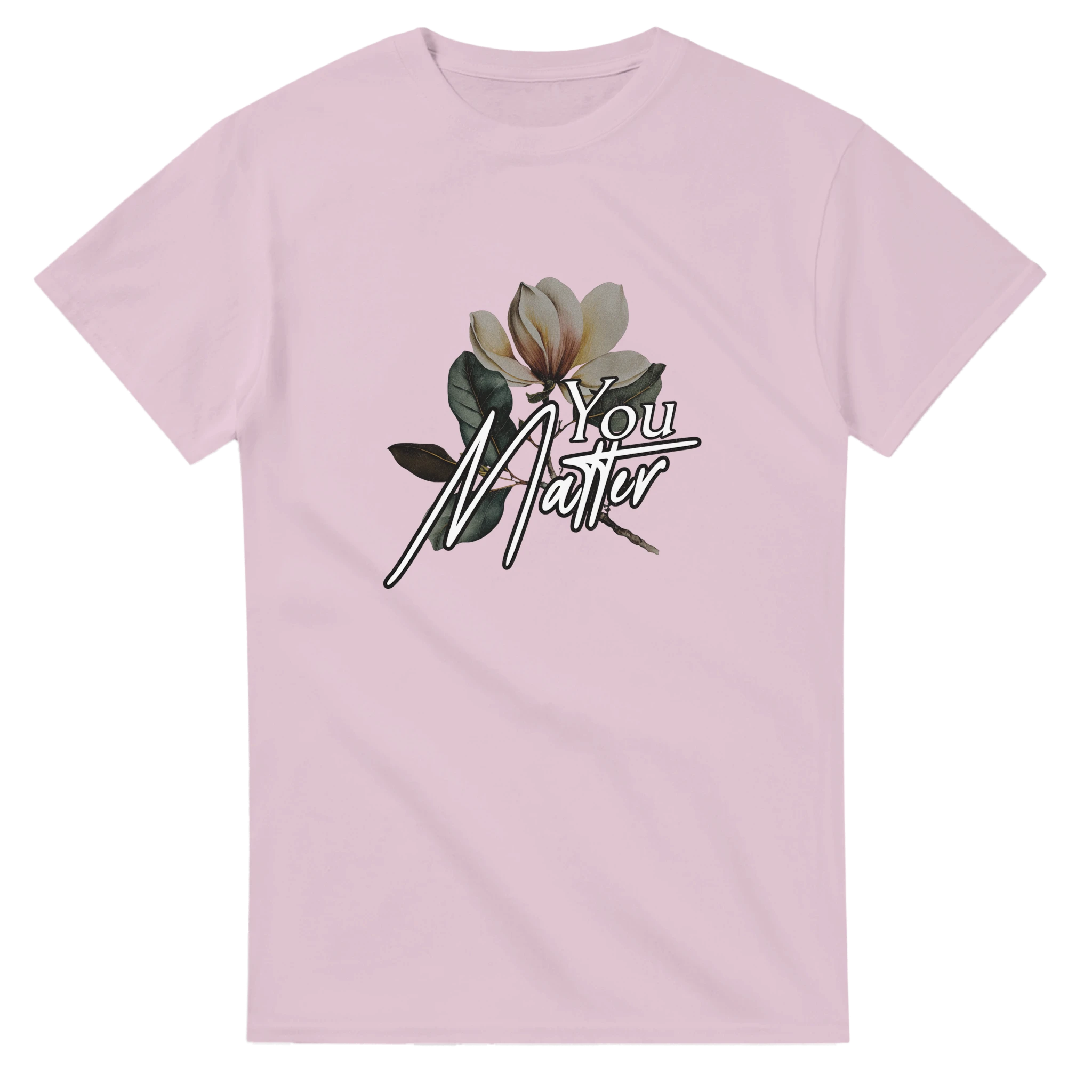 Pink You Matter slogan tee for men, soft cotton blend, with botanical flower graphic and bold script.