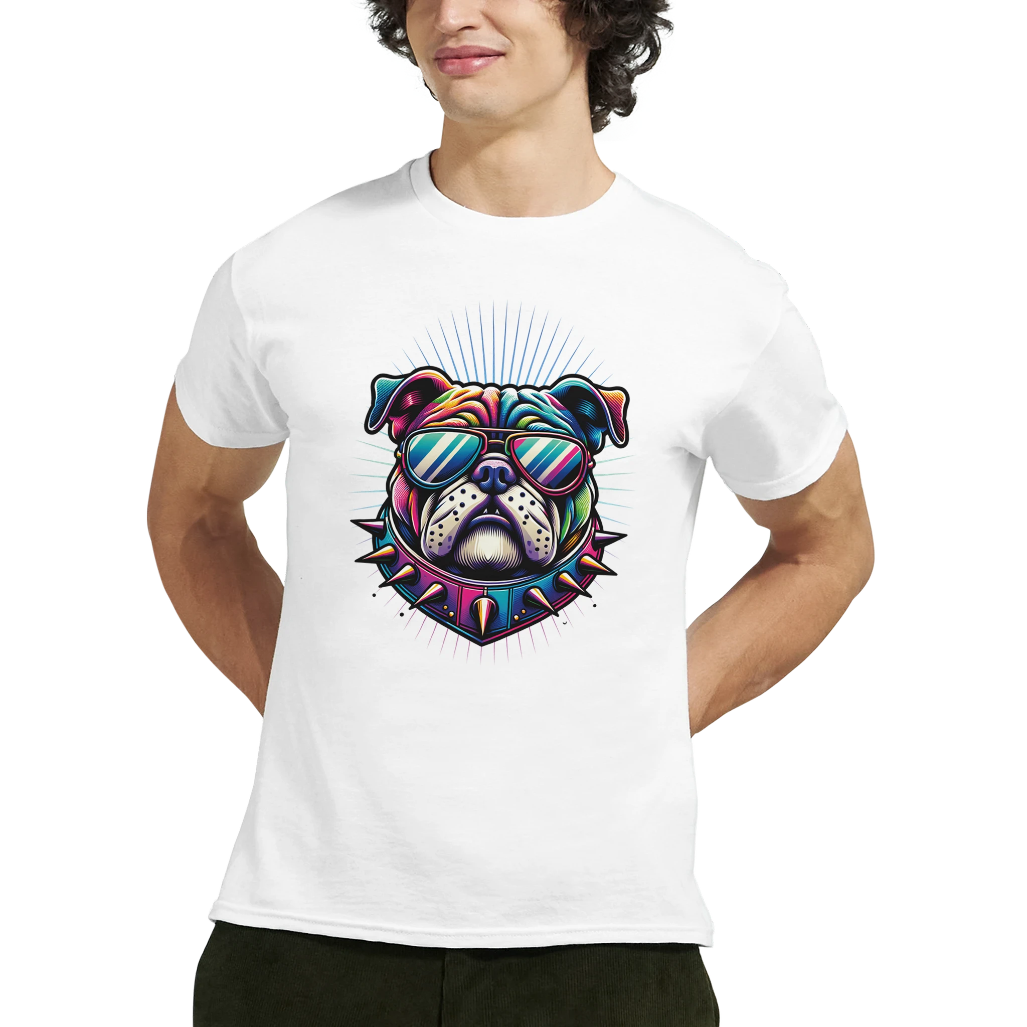 Colorful bulldog graphic tee for men with sunglasses and a spiked collar on white soft cotton blend shirt