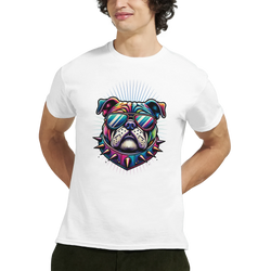 Colorful bulldog graphic tee for men with sunglasses and a spiked collar on white soft cotton blend shirt