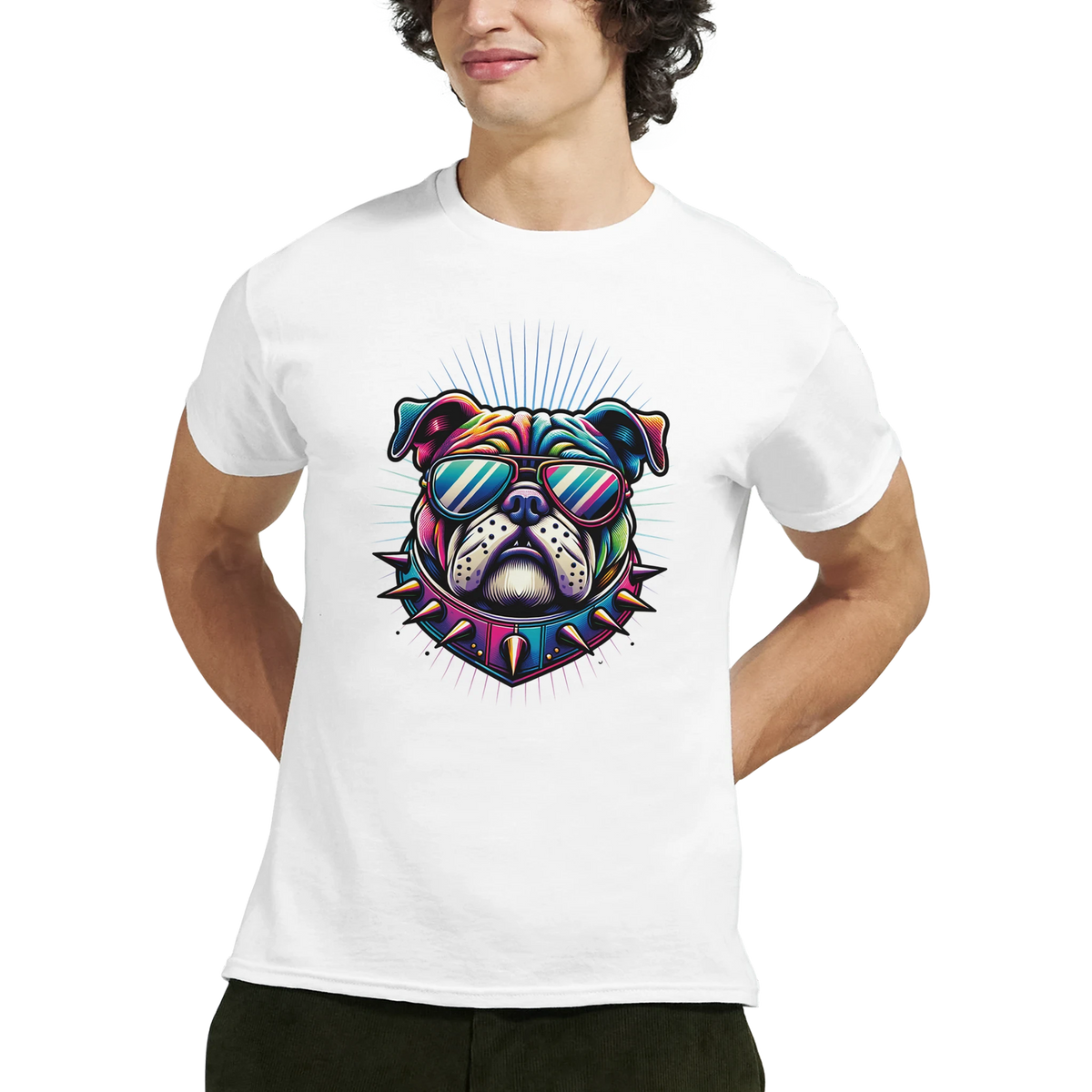 Colorful bulldog graphic tee for men with sunglasses and a spiked collar on white soft cotton blend shirt