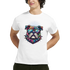 Colorful bulldog graphic tee for men with sunglasses and a spiked collar on white soft cotton blend shirt