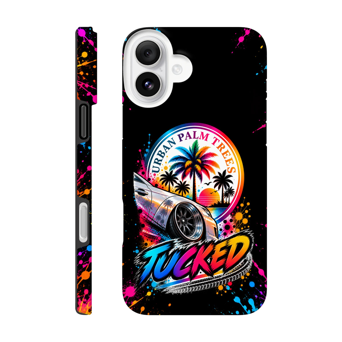 Tucked petrolhead iPhone case with lowered car graphic, Urban Palm Trees sunset art, and colorful paint splatters on a black background.