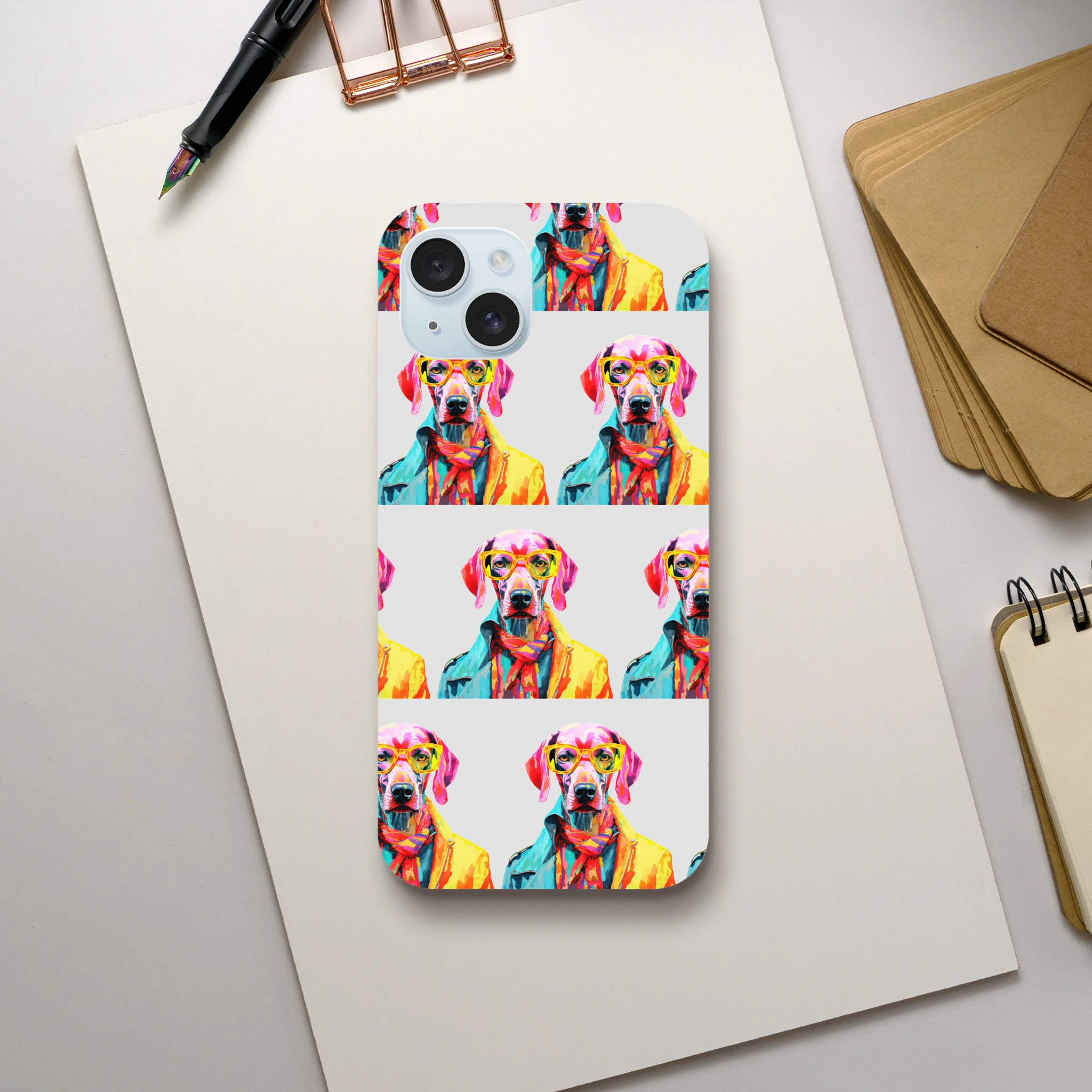 Gent Dog phone case with colorful wraparound dog print; double-layer, glossy protective cover for iPhone 16–13.