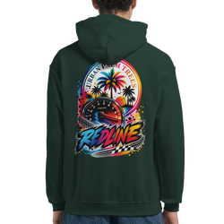 Dark green hoodie featuring colorful back graphic with RPM gauge, palm trees, sunset, and stylized Redline text.