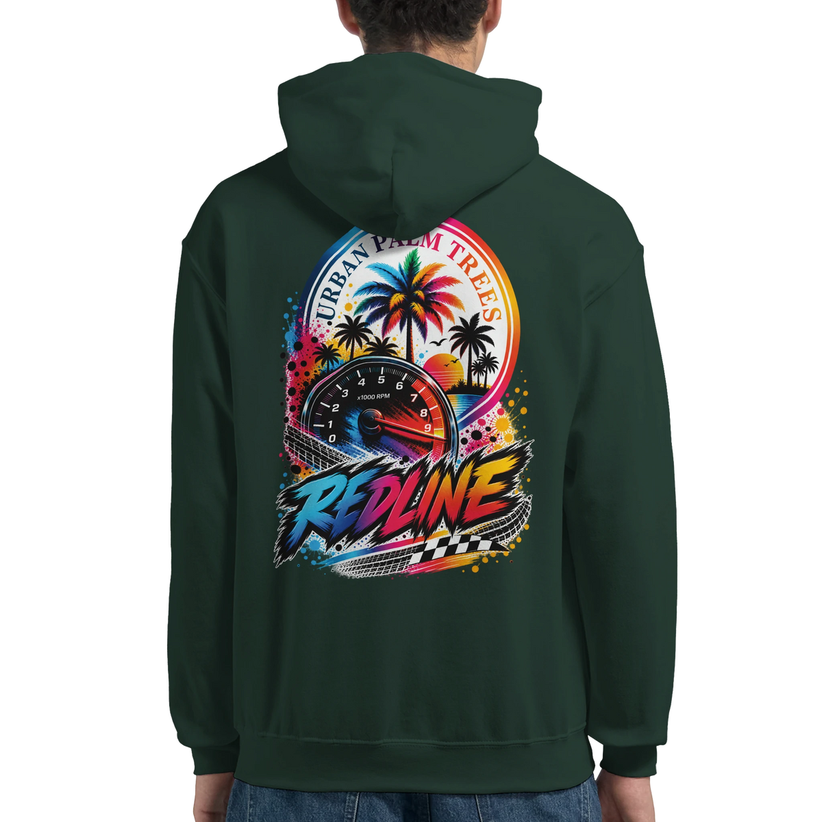 Dark green hoodie featuring colorful back graphic with RPM gauge, palm trees, sunset, and stylized Redline text.