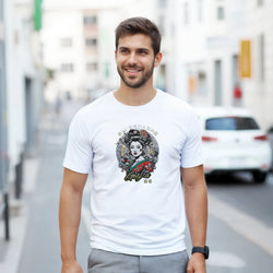 Man wearing Geisha Girl Japanese graphic T-shirt in white; soft cotton blend tee.