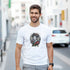 Man wearing Geisha Girl Japanese graphic T-shirt in white; soft cotton blend tee.