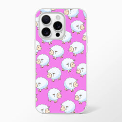 Pink iPhone case with a repeating cute sheep motif for iPhone 13–16, slim matte cover.
