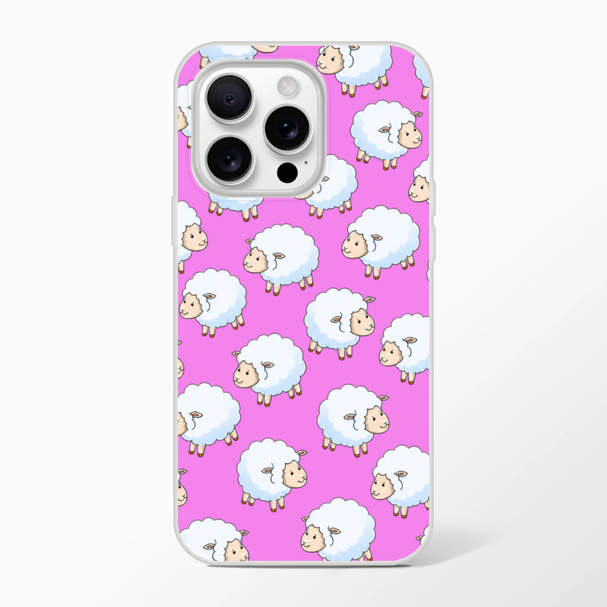 Pink iPhone case with a repeating cute sheep motif for iPhone 13–16, slim matte cover.