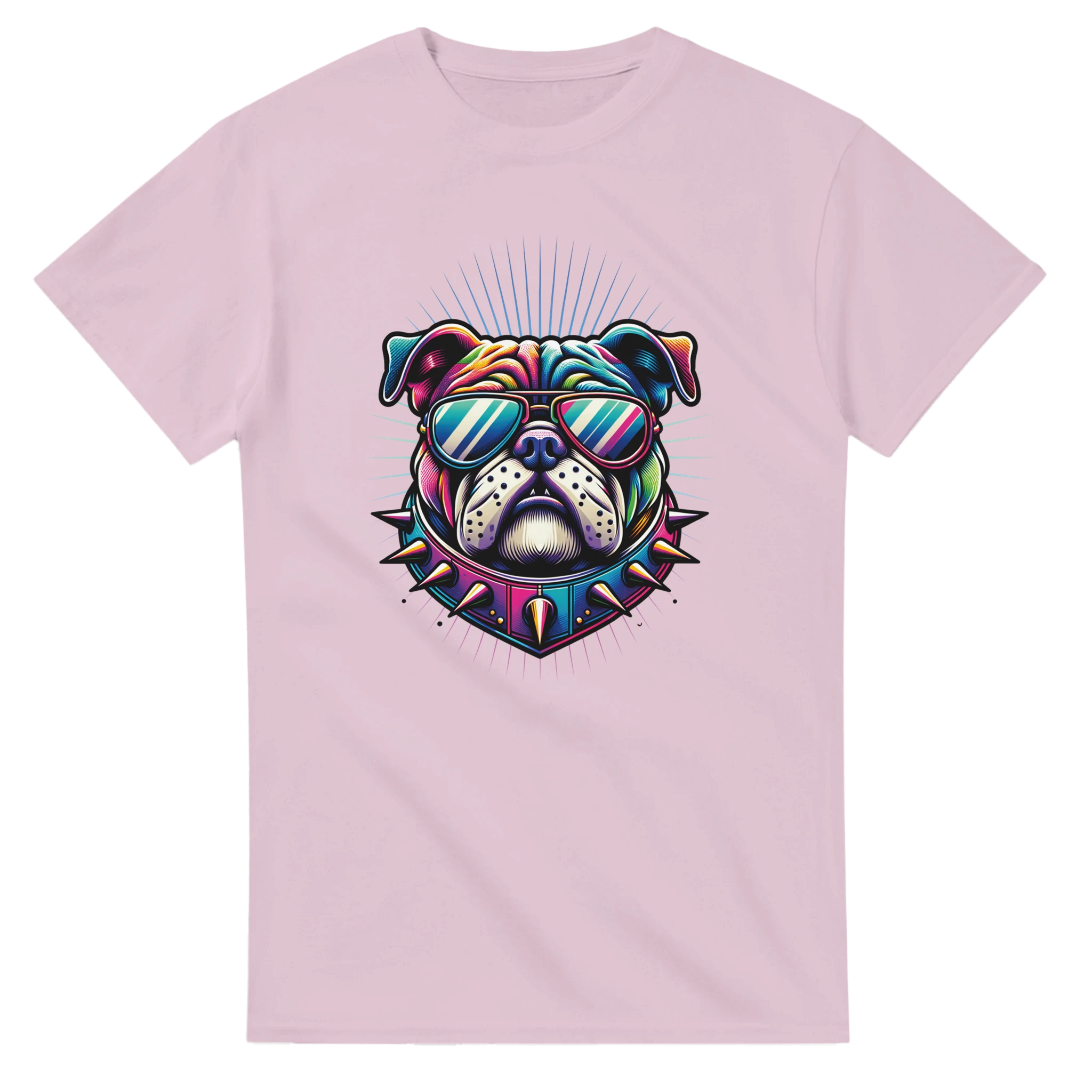 Colorful bulldog graphic on pink men's cotton tee with sunglasses and spiked collar.