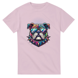 Colorful bulldog graphic on pink men's cotton tee with sunglasses and spiked collar.
