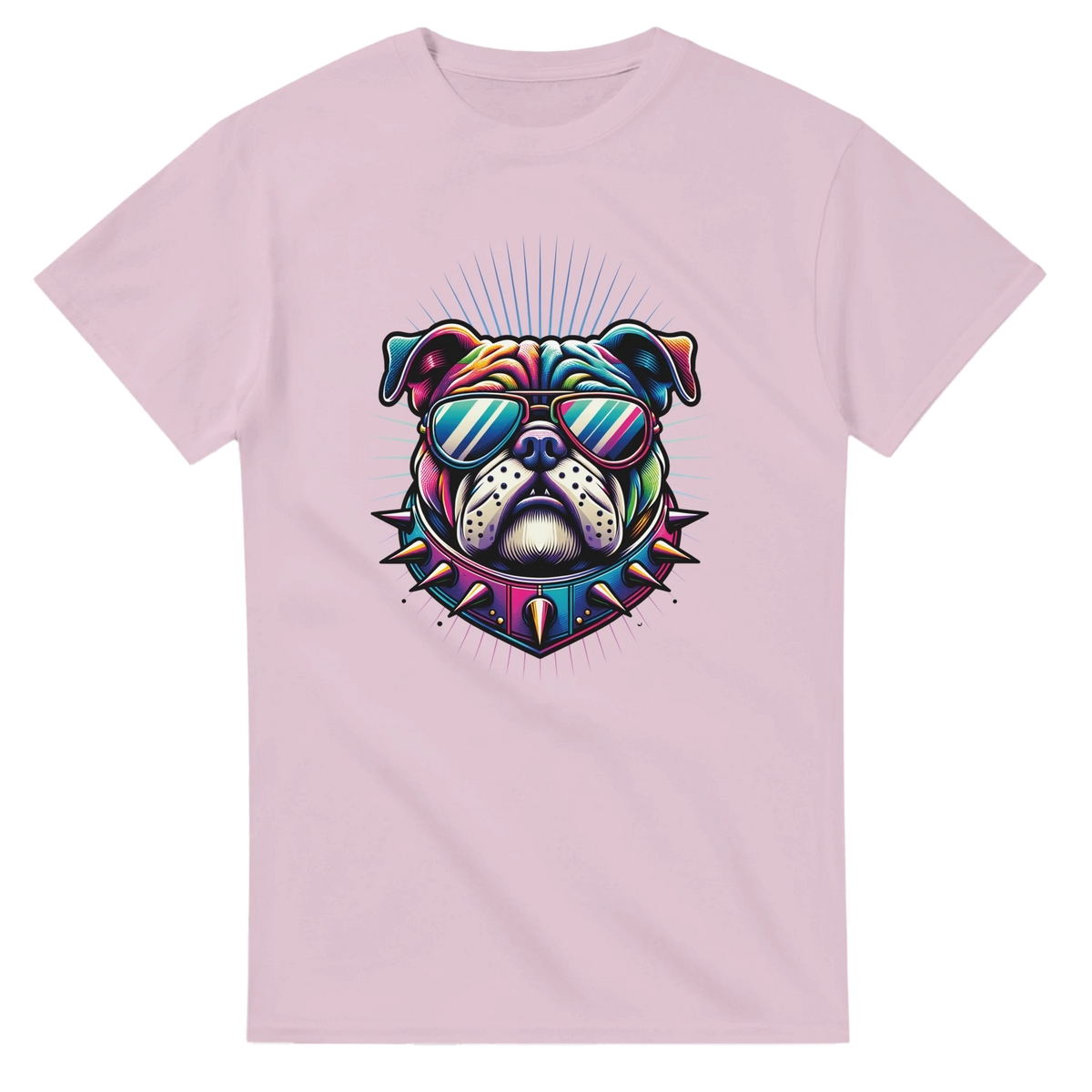 Colorful bulldog graphic on pink men's cotton tee with sunglasses and spiked collar.