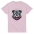 Colorful bulldog graphic on pink men's cotton tee with sunglasses and spiked collar.