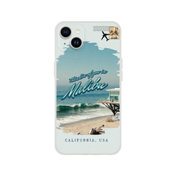 Vintage postcard-style iPhone case (13–16) Malibu Holiday featuring palm trees, ocean waves, and a postage stamp.