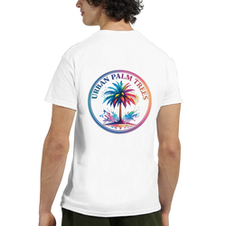 Vintage palm tree graphic T-shirt for men featuring a circular rainbow tropical design.