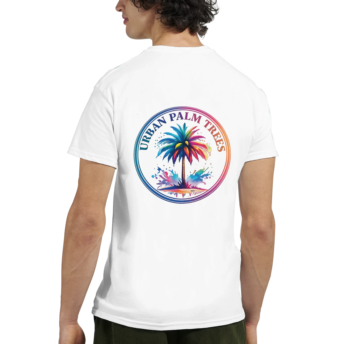 Vintage palm tree graphic T-shirt for men featuring a circular rainbow tropical design.