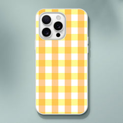 Yellow gingham iPhone case for iPhone 13–16 with a cute checkered aesthetic cover.