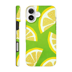 Green iPhone case featuring a bold yellow lemon slice pattern. Shock-absorbing citrus fruit phone cover for iPhone 13-16 models.