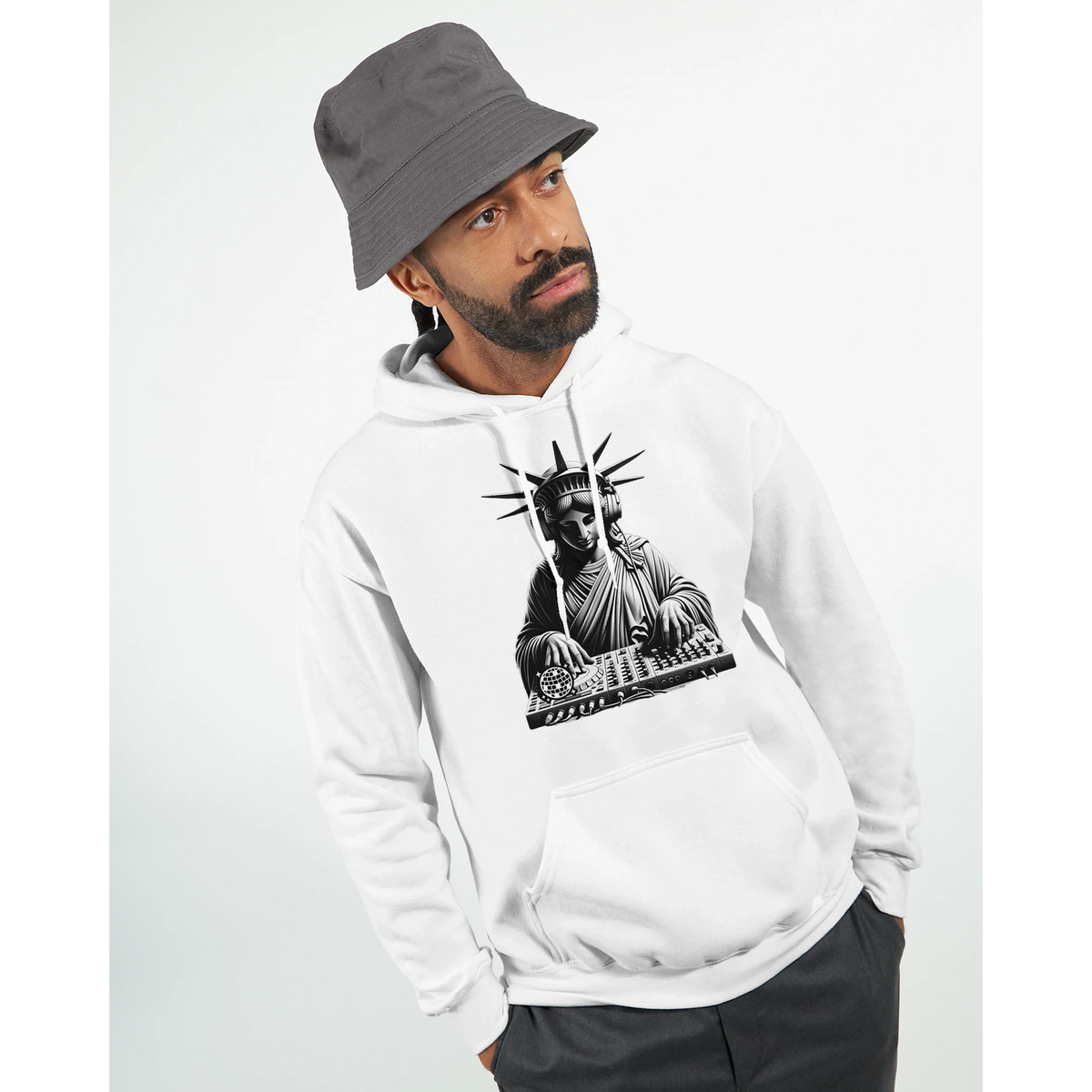 Liberty DJ men's graphic hoodie in white with Statue of Liberty DJ graphic on chest; 50/50 cotton-poly blend.