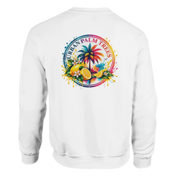 White hoodie back featuring a colorful retro print of a palm tree, lemons, and flowers inside a rainbow circle with Urban Palm Trees text.