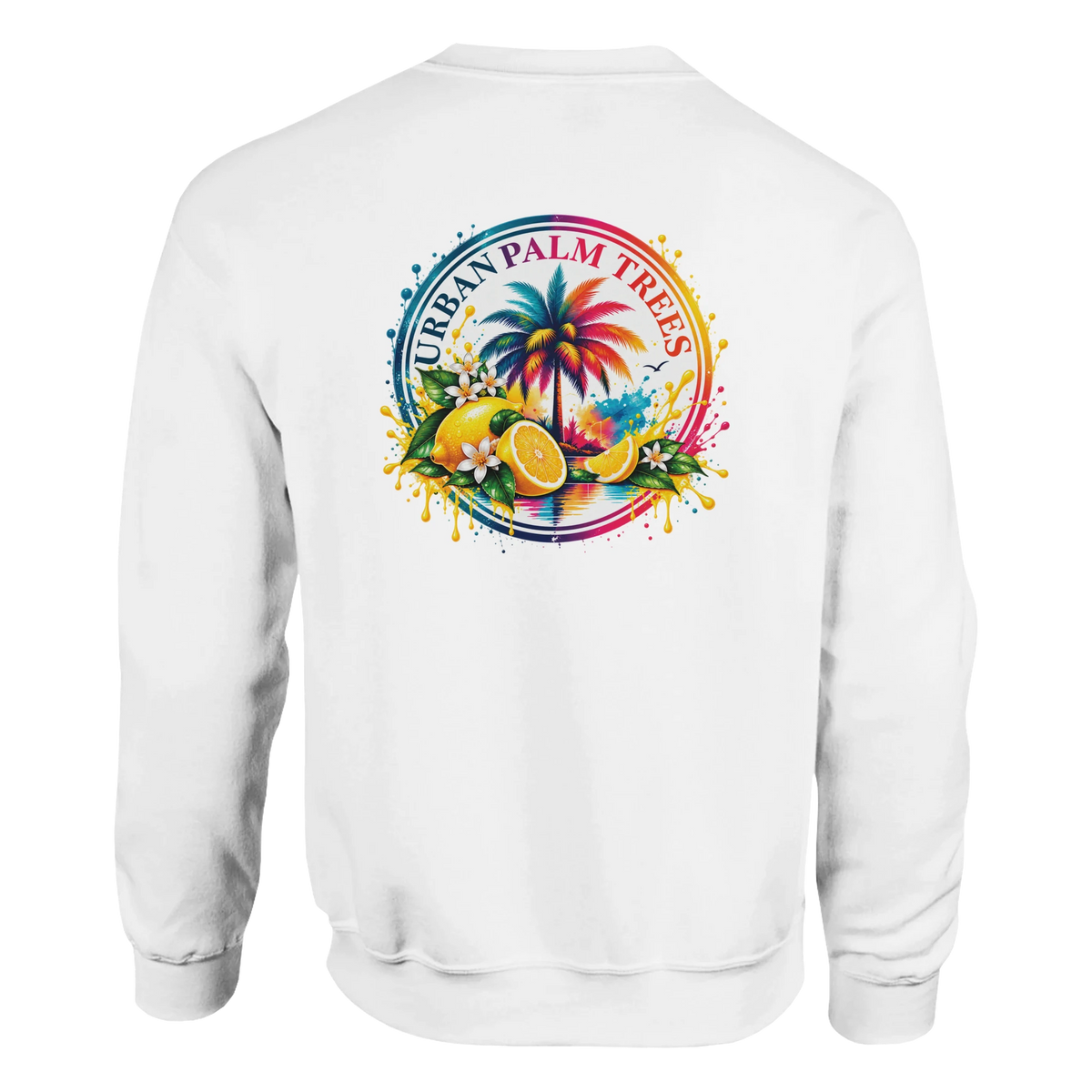 White hoodie back featuring a colorful retro print of a palm tree, lemons, and flowers inside a rainbow circle with Urban Palm Trees text.