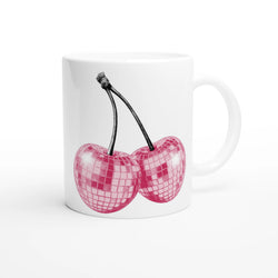 Cute Glitter Cherries Retro Aesthetic Coffee Cup with pink checkered cherries on white mug