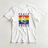 White women's short-sleeve T-shirt with rainbow Pride flag square and Peace & Pride text.