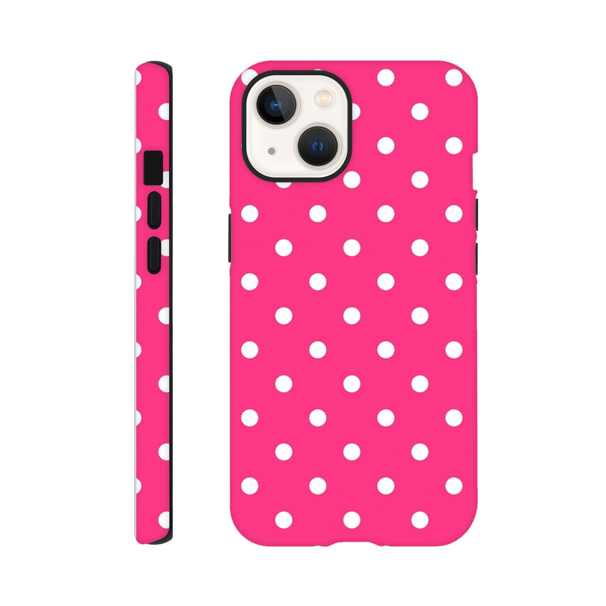Hot pink and white polka dot tough iPhone case featuring a dual-layer shock-absorbing shell for rugged impact resistance and cute style.
