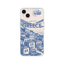 Vintage postcard Greece iPhone case with blue print art showing a coastal village and mountains.