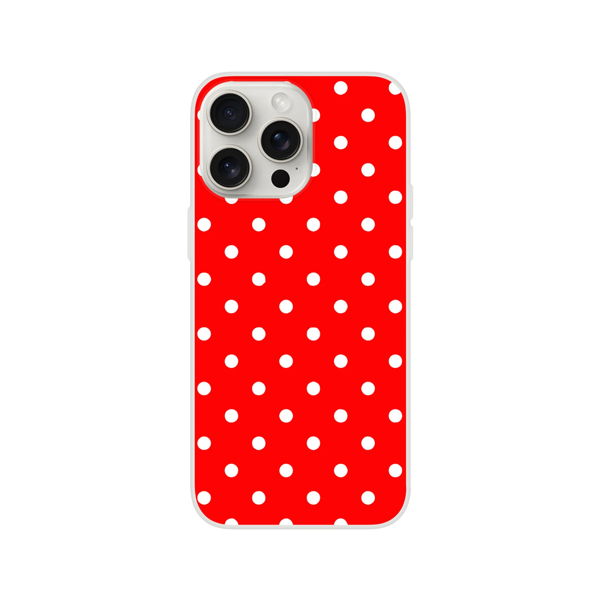 Retro red and white polka dot iPhone case featuring a slim TPU shell with shock-absorbing protection for models 13 through 16.