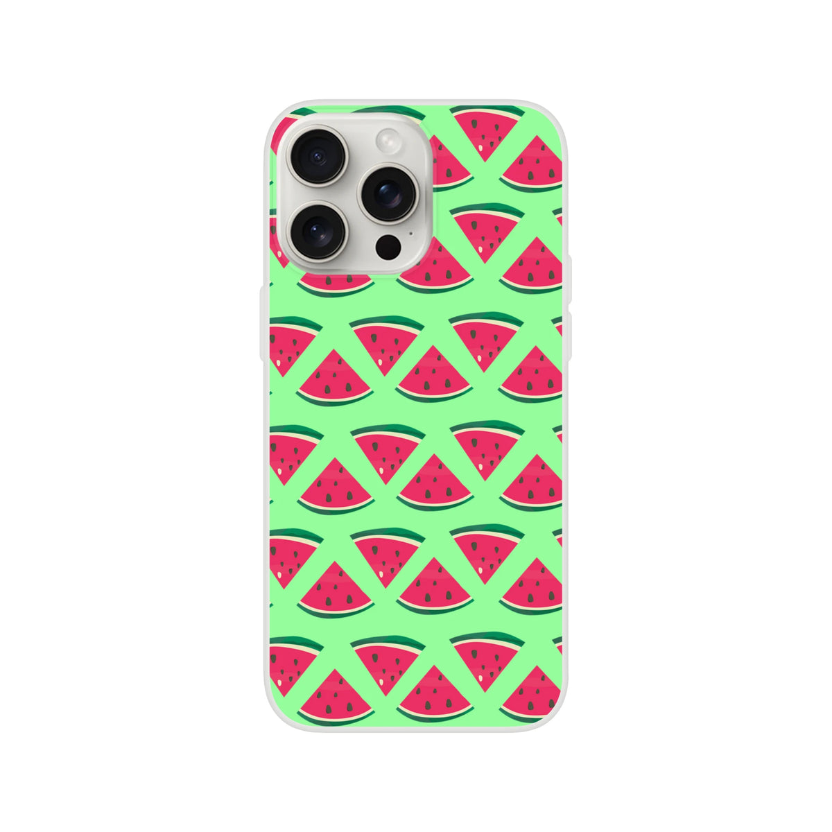 Summer watermelon pattern iPhone case with cute fruit slices on light green background. Slim matte protective cover for 13-16 models.
