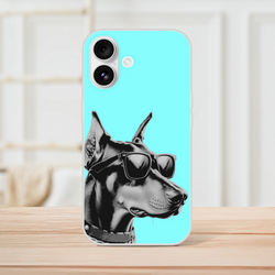 Turquoise Cool Dog iPhone Case (13-16) with retro vibe and illustrated dog wearing sunglasses.