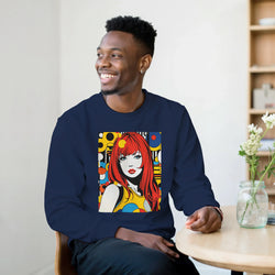 Man wearing navy blue sweatshirt featuring retro pop art graphic of a redheaded woman with colorful geometric background.