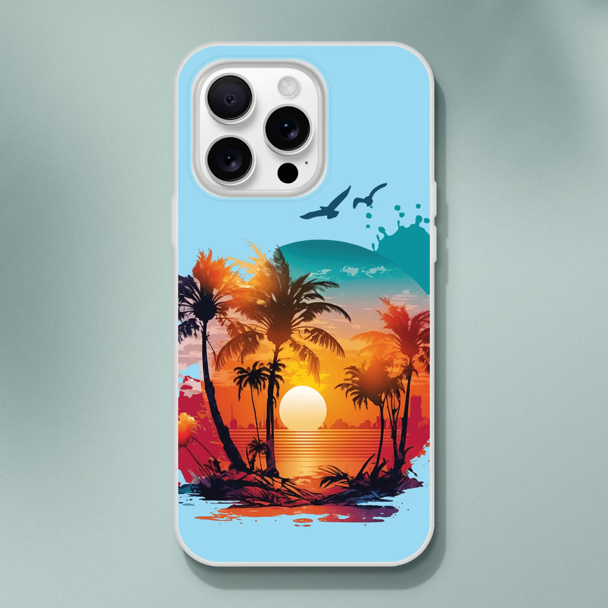 Sunset palm trees and ocean on a light-blue iPhone case.