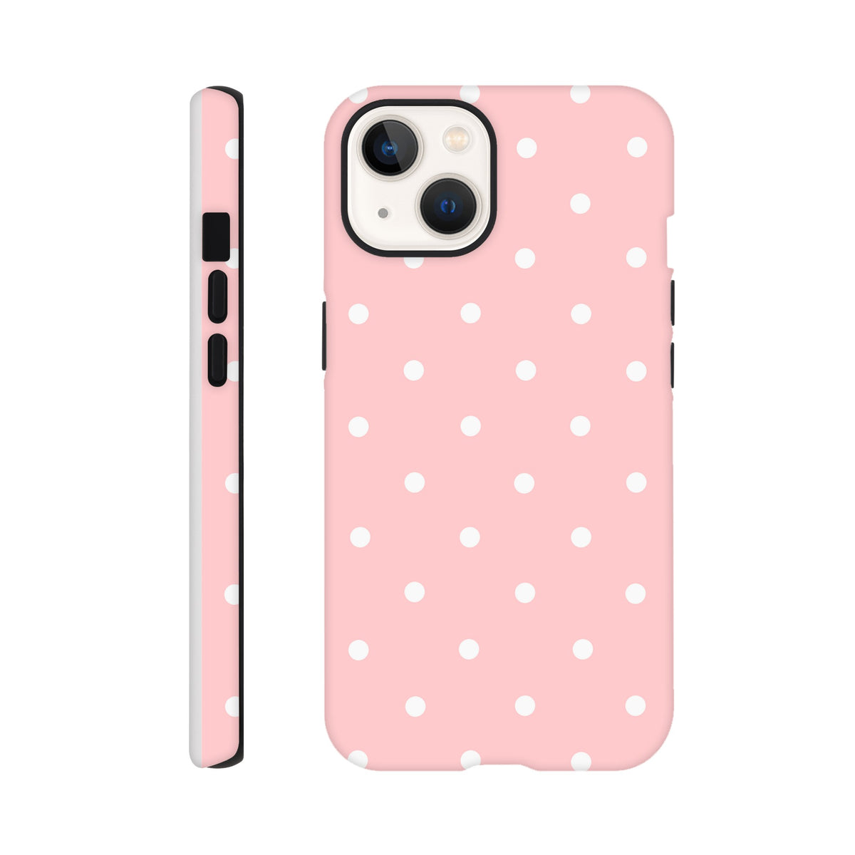 Pastel pink and white polka dot tough iPhone case with dual-layer protection and shock-absorbing TPU for drop protection.