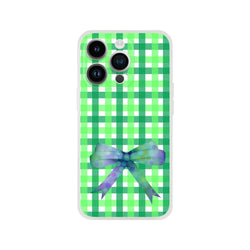 Green gingham bow iPhone case (13-16) with frosty translucent TPU and printed bow, cute coquette aesthetic.