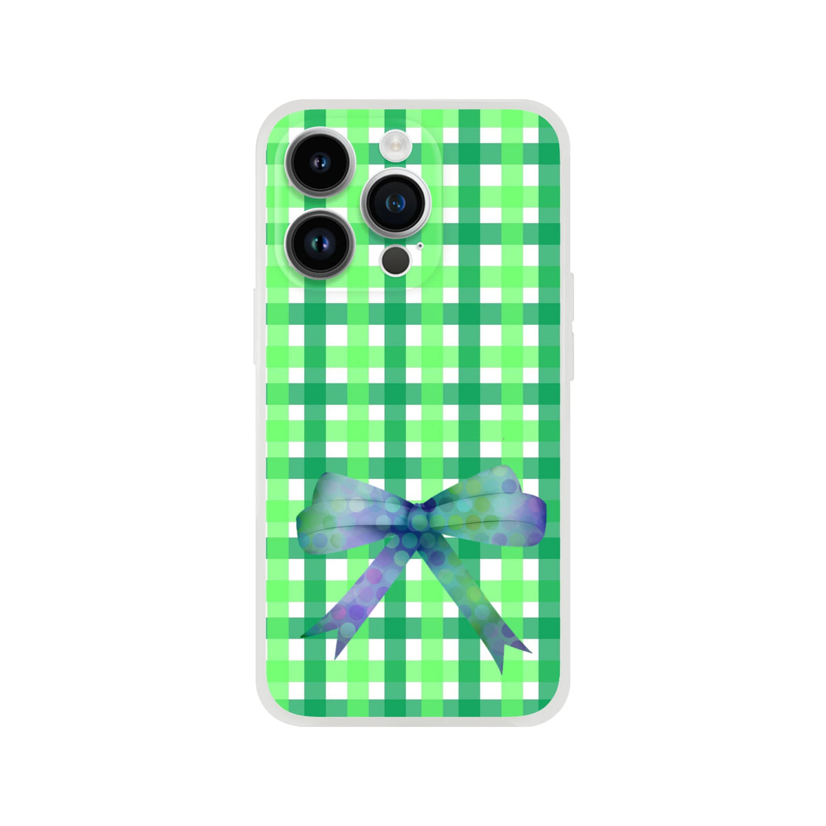 Green gingham bow iPhone case (13-16) with frosty translucent TPU and printed bow, cute coquette aesthetic.