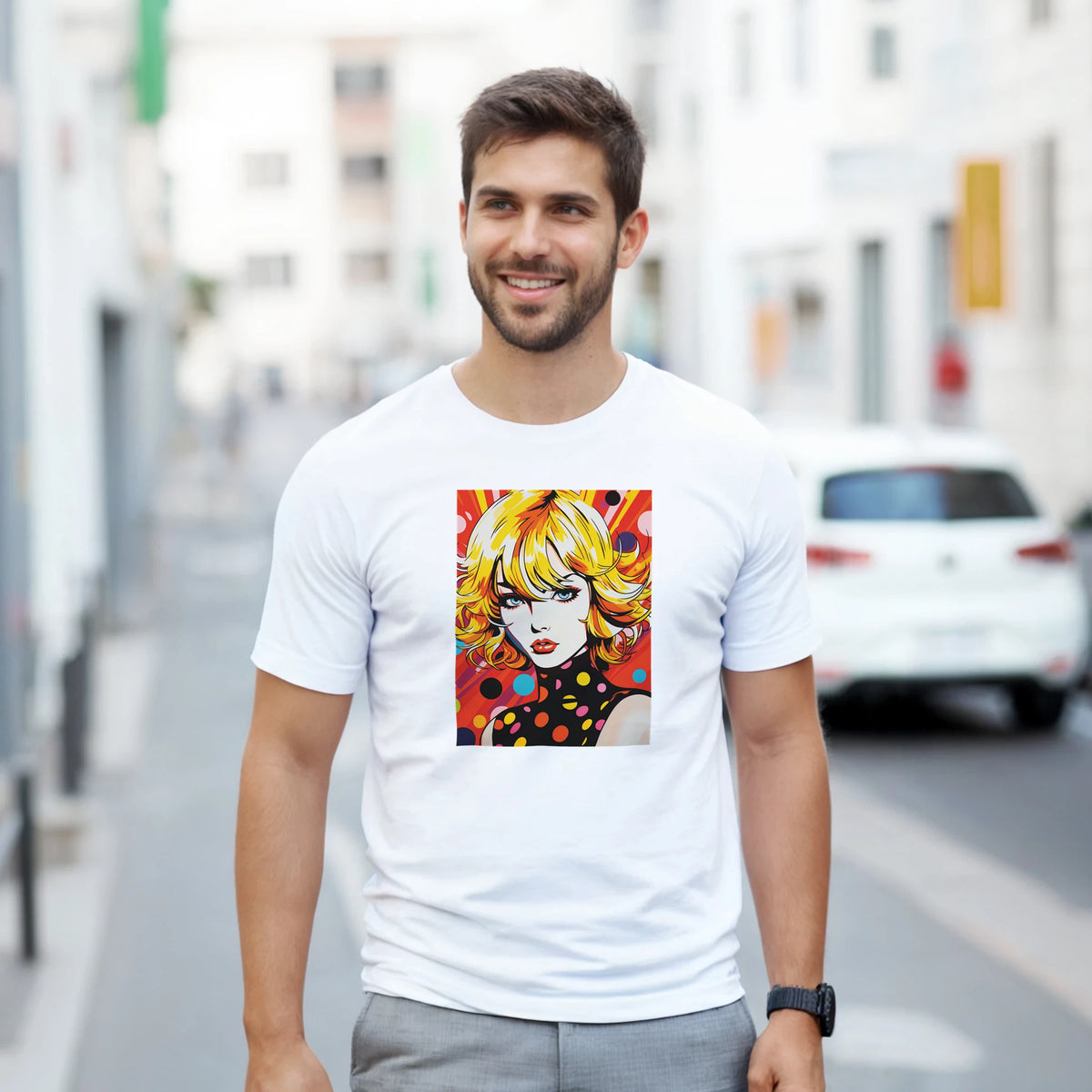 Man wearing white T-shirt featuring bold 70s pop-art girl graphic, retro psychedelic streetwear style.