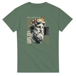 Green Gothic Gods graphic T-shirt featuring a marble bust with laurel crown and typography.