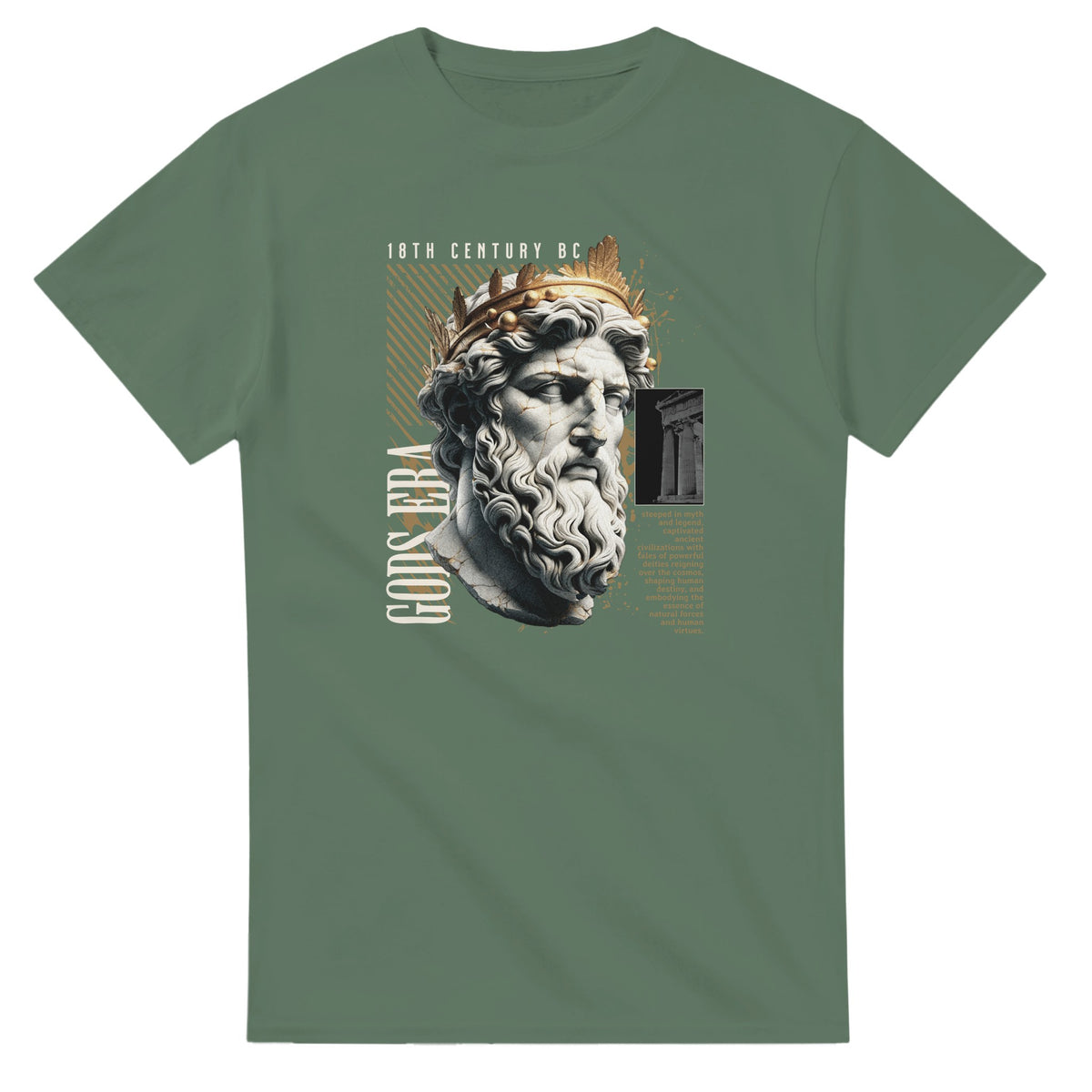 Green Gothic Gods graphic T-shirt featuring a marble bust with laurel crown and typography.